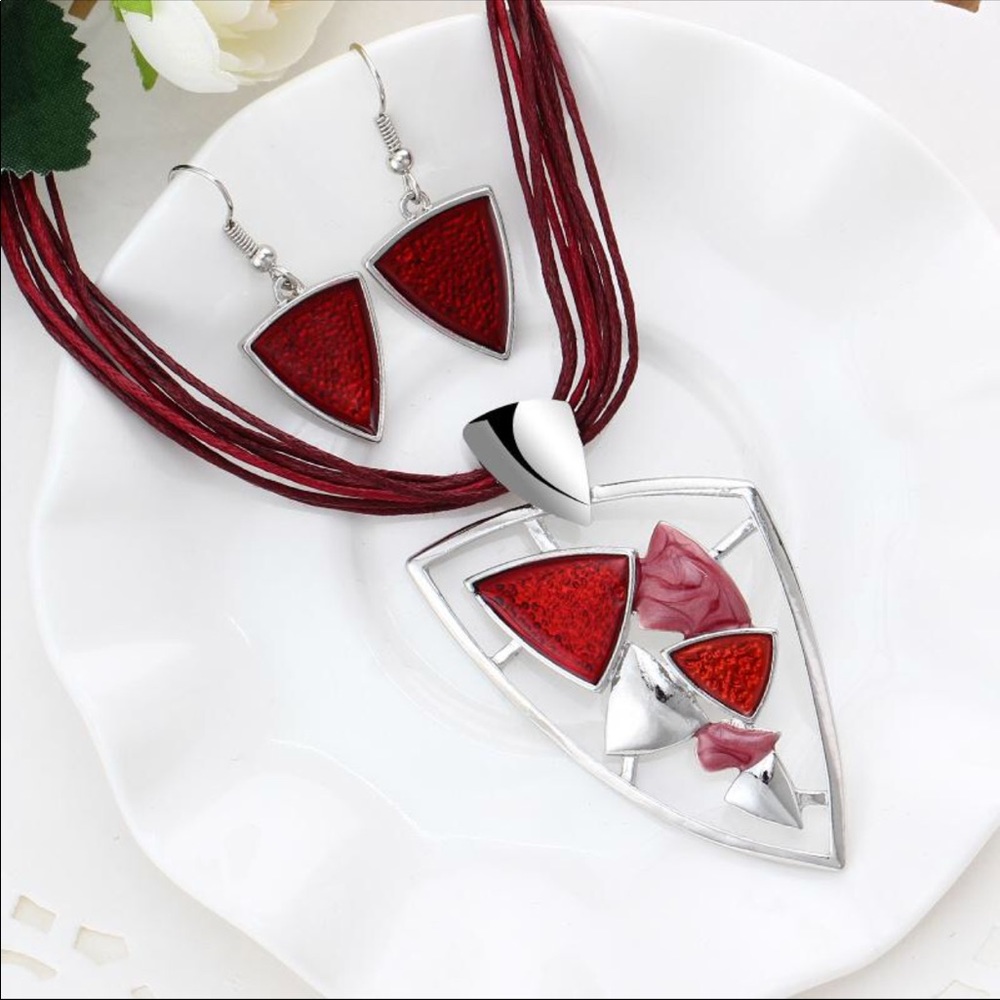 Leather Triangle Necklace And Matching Earrings